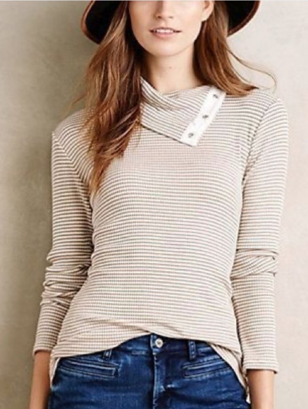 Dolan Left Coast Collection Striped Cowl Turtleneck Snap-Button Sz S Tan White